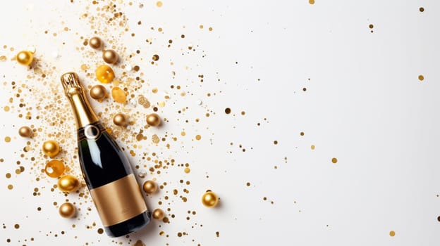 Top view of Champagne Bottle, Golden Confetti, and Decorative Balls on a Stylish light Background, Flat Lay Arrangement. with copy space