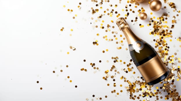 Top view of Champagne Bottle, Golden Confetti, and Decorative Balls on a Stylish light Background, Flat Lay Arrangement. with copy space