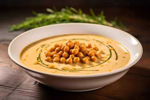 Chickpea soup, traditional Italian winter dish, in Umbria. A warm and nourishing soup made with chickpeas and flavors such as rosemary and garlic. on a white plate in a elegant restaurant decorated for Christmas time. Healthy vegetarian food