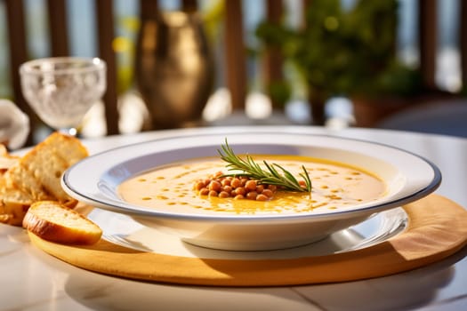 Chickpea soup, traditional Italian winter dish, in Umbria. A warm and nourishing soup made with chickpeas and flavors such as rosemary and garlic. on a white plate in a elegant restaurant decorated for Christmas time. Healthy vegetarian food