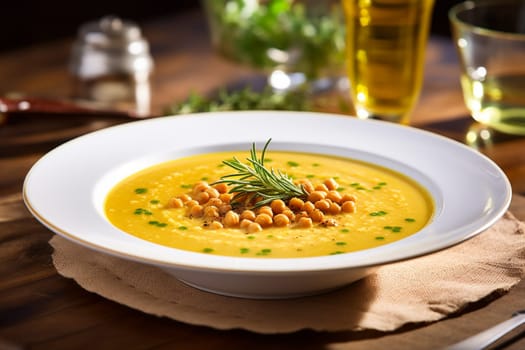 Chickpea soup, traditional Italian winter dish, in Umbria. A warm and nourishing soup made with chickpeas and flavors such as rosemary and garlic. on a white plate in a elegant restaurant decorated for Christmas time. Healthy vegetarian food