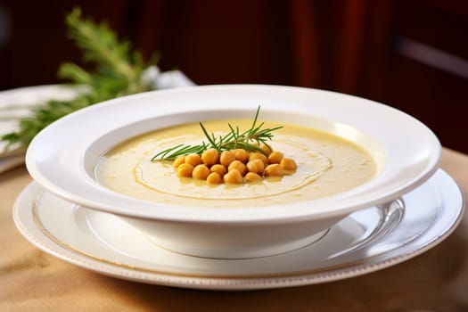 Chickpea soup, traditional Italian winter dish, in Umbria. A warm and nourishing soup made with chickpeas and flavors such as rosemary and garlic. on a white plate in a elegant restaurant decorated for Christmas time. Healthy vegetarian food