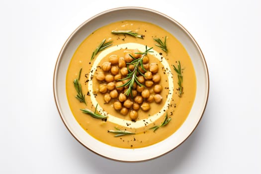 Chickpea soup, traditional Italian winter dish, in Umbria. A warm and nourishing soup made with chickpeas and flavors such as rosemary and garlic. on a white plate in a elegant restaurant decorated for Christmas time. Healthy vegetarian food