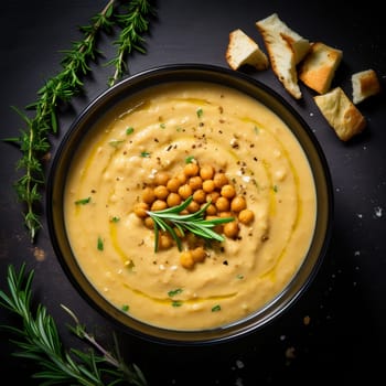 Chickpea soup, traditional Italian winter dish, in Umbria. A warm and nourishing soup made with chickpeas and flavors such as rosemary and garlic. on a white plate in a elegant restaurant decorated for Christmas time. Healthy vegetarian food