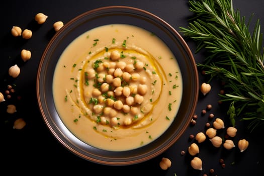 Chickpea soup, traditional Italian winter dish, in Umbria. A warm and nourishing soup made with chickpeas and flavors such as rosemary and garlic. on a white plate in a elegant restaurant decorated for Christmas time. Healthy vegetarian food