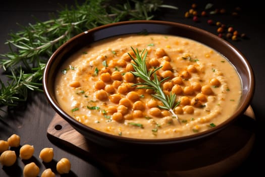 Chickpea soup, traditional Italian winter dish, in Umbria. A warm and nourishing soup made with chickpeas and flavors such as rosemary and garlic. on a white plate in a elegant restaurant decorated for Christmas time. Healthy vegetarian food