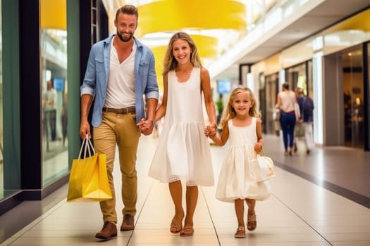 Happy family in a store with shopping bags. High quality photo