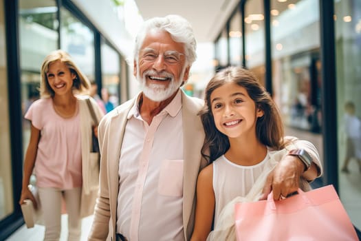 An adult happy man with his family walks around the store with purchases. High quality photo