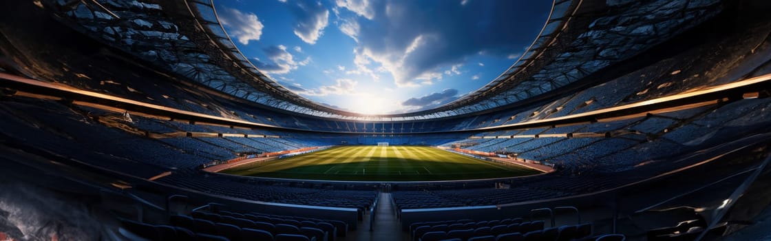 High Angle Establishing Shot: Stadium with Soccer Championship Match. Teams Play, Crowds of Fans Cheer. Football Cup Tournament. Sport Channel Concept, Screen Content. Wide Shot. AI Generative