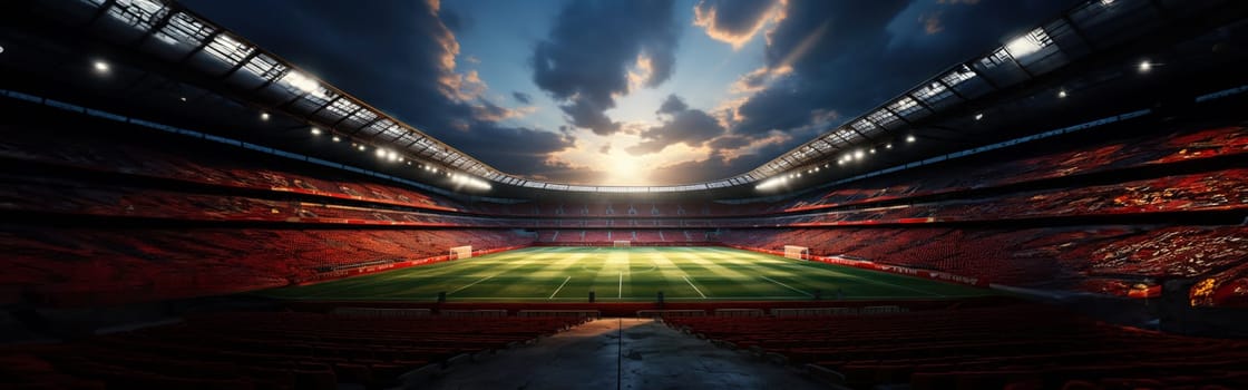 High Angle Establishing Shot: Stadium with Soccer Championship Match. Teams Play, Crowds of Fans Cheer. Football Cup Tournament. Sport Channel Concept, Screen Content. Wide Shot. AI Generative