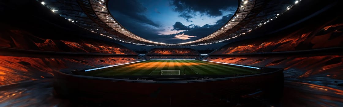 High Angle Establishing Shot: Stadium with Soccer Championship Match. Teams Play, Crowds of Fans Cheer. Football Cup Tournament. Sport Channel Concept, Screen Content. Wide Shot. AI Generative