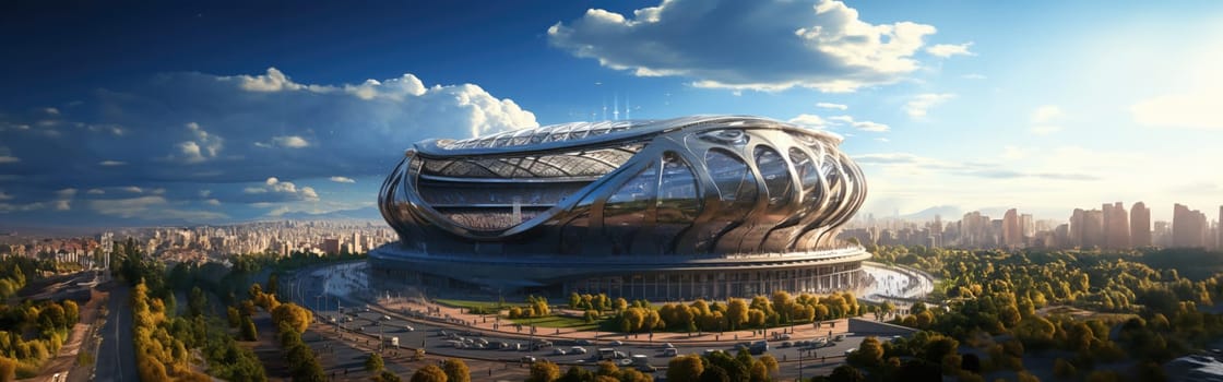 High Angle Establishing Shot: Stadium with Soccer Championship Match. Teams Play, Crowds of Fans Cheer. Football Cup Tournament. Sport Channel Concept, Screen Content. Wide Shot. AI Generative