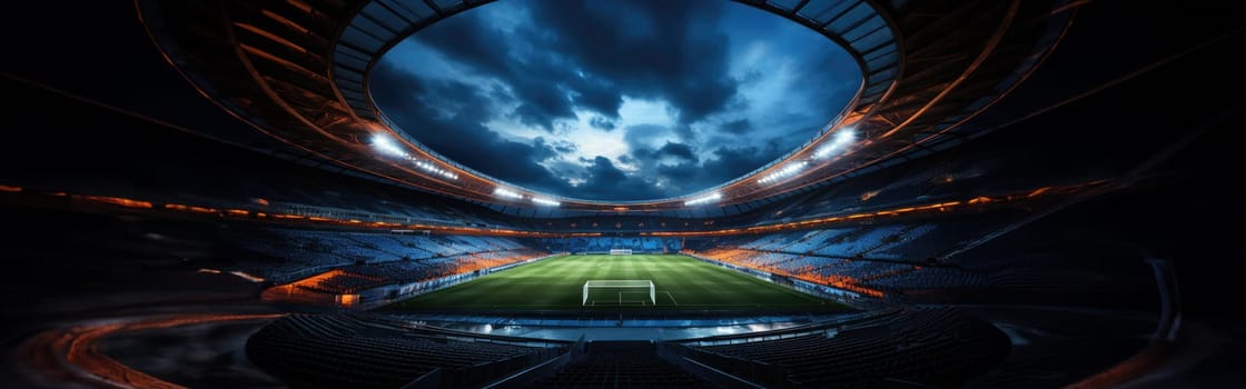 High Angle Establishing Shot: Stadium with Soccer Championship Match. Teams Play, Crowds of Fans Cheer. Football Cup Tournament. Sport Channel Concept, Screen Content. Wide Shot. AI Generative