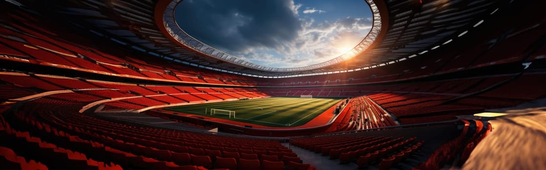 High Angle Establishing Shot: Stadium with Soccer Championship Match. Teams Play, Crowds of Fans Cheer. Football Cup Tournament. Sport Channel Concept, Screen Content. Wide Shot. AI Generative
