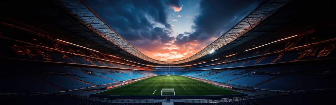 High Angle Establishing Shot: Stadium with Soccer Championship Match. Teams Play, Crowds of Fans Cheer. Football Cup Tournament. Sport Channel Concept, Screen Content. Wide Shot. AI Generative