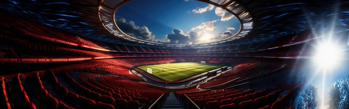 High Angle Establishing Shot: Stadium with Soccer Championship Match. Teams Play, Crowds of Fans Cheer. Football Cup Tournament. Sport Channel Concept, Screen Content. Wide Shot. AI Generative