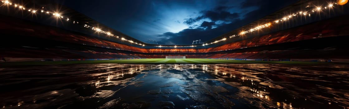 High Angle Establishing Shot: Stadium with Soccer Championship Match. Teams Play, Crowds of Fans Cheer. Football Cup Tournament. Sport Channel Concept, Screen Content. Wide Shot. AI Generative