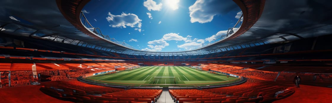 High Angle Establishing Shot: Stadium with Soccer Championship Match. Teams Play, Crowds of Fans Cheer. Football Cup Tournament. Sport Channel Concept, Screen Content. Wide Shot. AI Generative