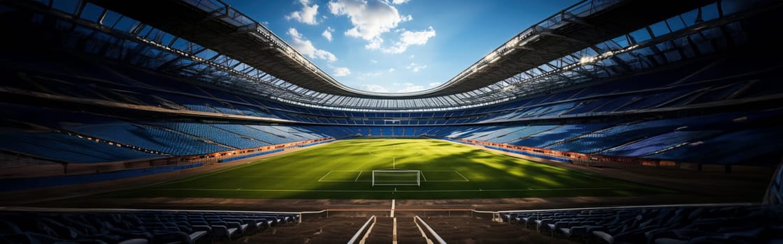 High Angle Establishing Shot: Stadium with Soccer Championship Match. Teams Play, Crowds of Fans Cheer. Football Cup Tournament. Sport Channel Concept, Screen Content. Wide Shot. AI Generative