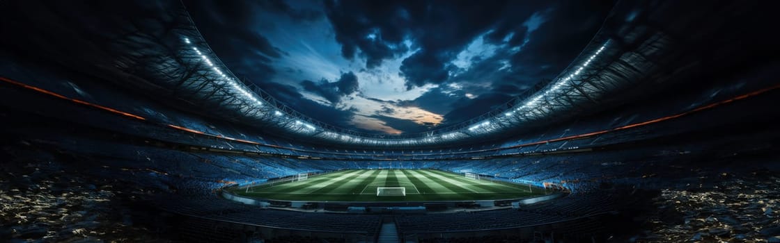 High Angle Establishing Shot: Stadium with Soccer Championship Match. Teams Play, Crowds of Fans Cheer. Football Cup Tournament. Sport Channel Concept, Screen Content. Wide Shot. AI Generative