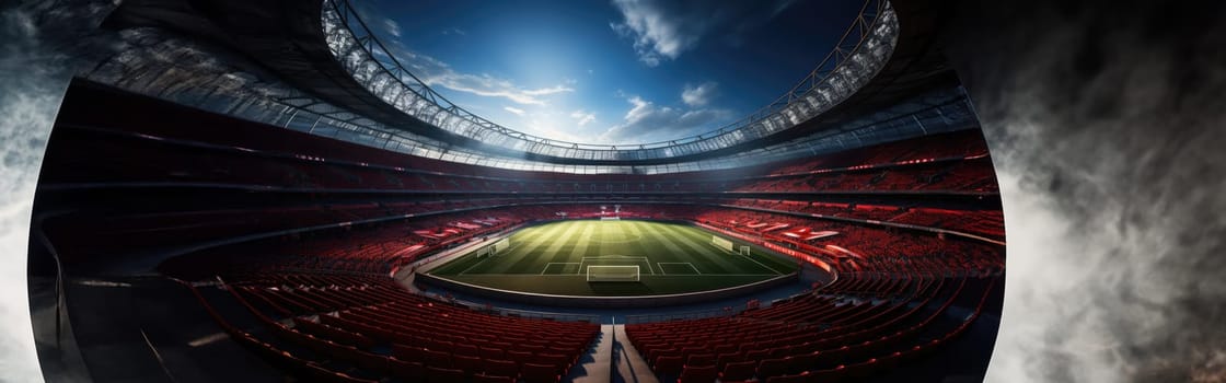 High Angle Establishing Shot: Stadium with Soccer Championship Match. Teams Play, Crowds of Fans Cheer. Football Cup Tournament. Sport Channel Concept, Screen Content. Wide Shot. AI Generative