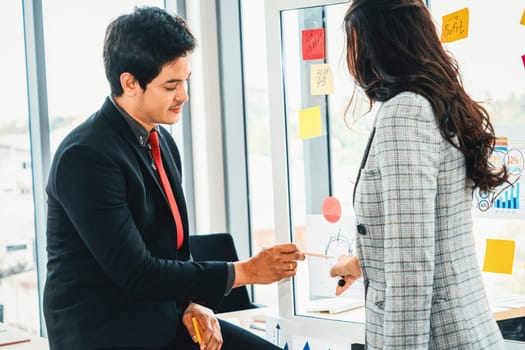 Business people work on project planning board in office and having conversation with coworker friend to analyze project development . They use sticky notes posted on glass to make it organized. Jivy