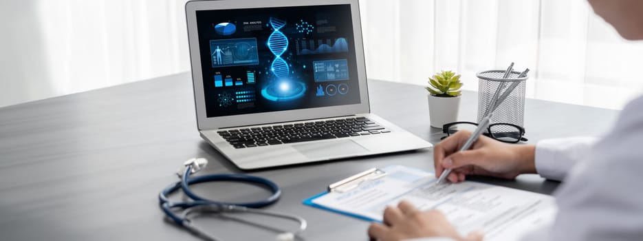 Doctor studying genetic disease in DNA research with laptop, analyze genetic data, formulate medical treatment strategies, and develop healthcare plan for patient with innovative solution. Neoteric