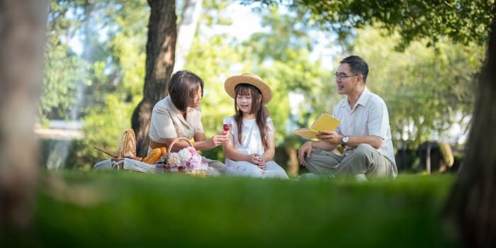 Grandparent playing togetherness with a granddaughter in the park in the morning. Family, love and grandchild bonding with grandfather and grandma in a park. concept child and senior.