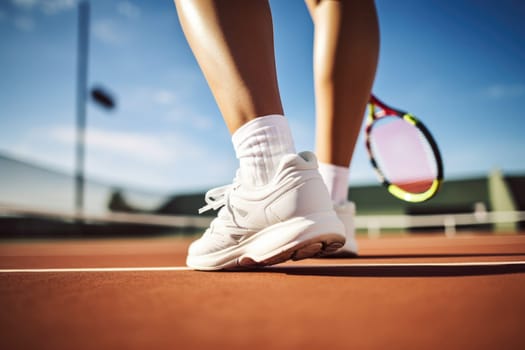 Active woman playing tennis, legs and feet back view . AI Generated . High quality illustration