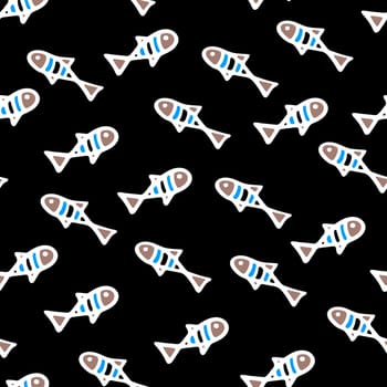Small Fishes Seamless Pattern. Background for Kids with Hand drawn Doodle Cute Fish. Cartoon Sea Animals illustration. Underwater World Digital Paper on Black Background.