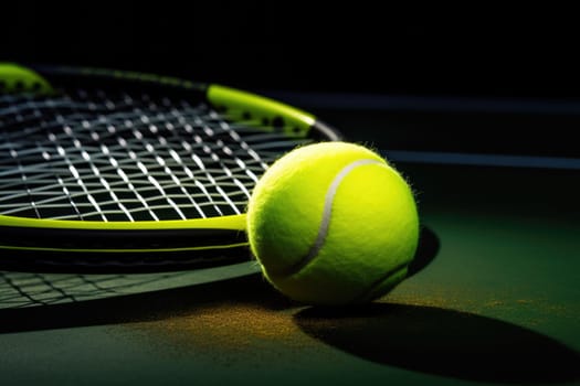 Tennis balls and rockets on tennis court. AI Generated . High quality illustration