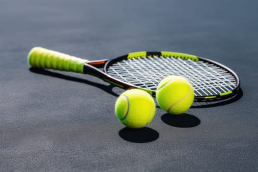 Tennis balls and rockets on tennis court. AI Generated . High quality illustration