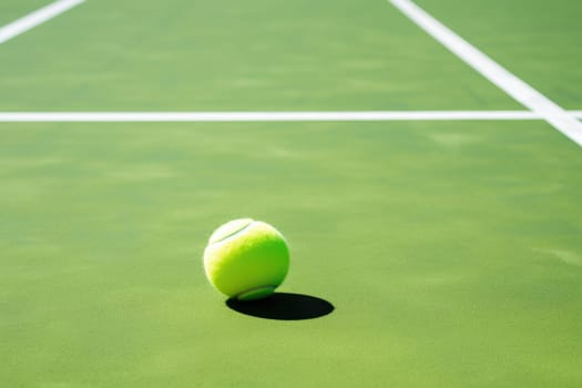 Closeup of yellow tennis ball on court floor. AI Generated