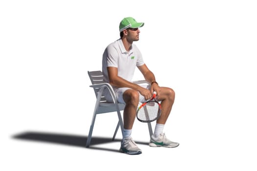 Tennis player sitting on the bench on white background. AI Generated . High quality illustration
