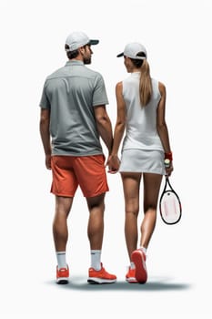 Back view of two tennis players holding rocket on white background. AI Generated. High quality illustration
