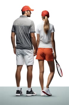 Back view of two tennis players holding rocket on white background. AI Generated. High quality illustration