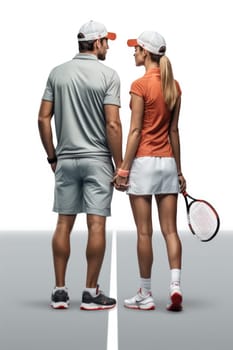 Back view of two tennis players holding rocket on white background. AI Generated. High quality illustration