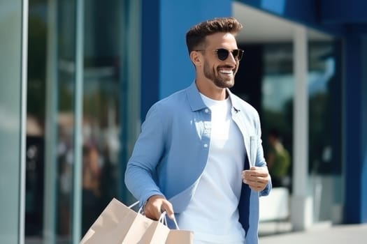 Happy man with shopping bags. AI Generated. High quality illustration
