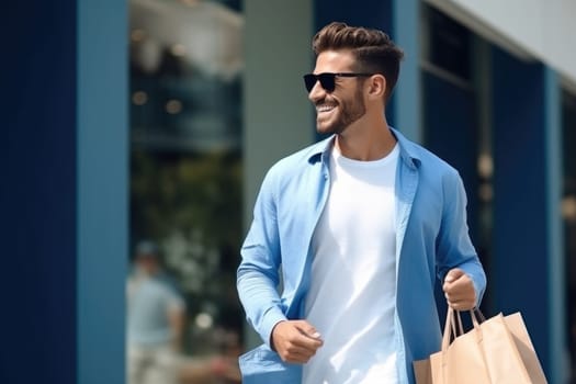 Happy man with shopping bags. AI Generated. High quality illustration