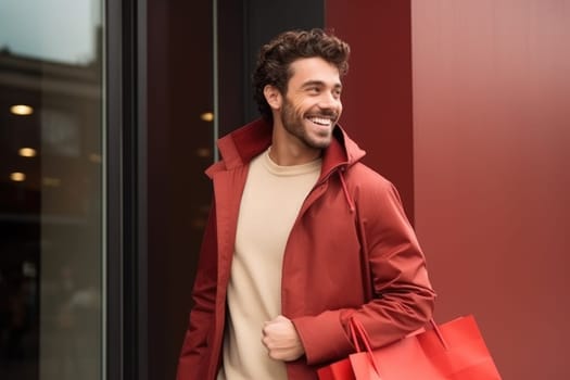 Happy man with shopping bags. AI Generated. High quality illustration