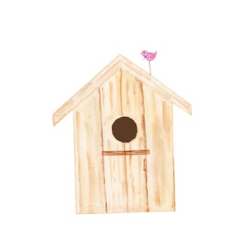 Drawing of a watercolor birdhouse. Wooden spring house with a cute outbuilding in the shape of a bird. For designing Easter cards and invitations