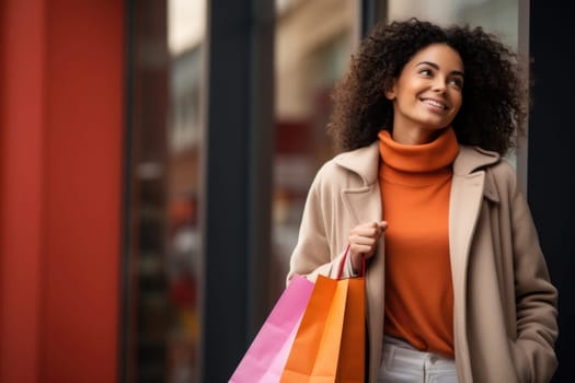 Beautiful fashion woman with shopping bags outdoors. AI Generated . High quality illustration