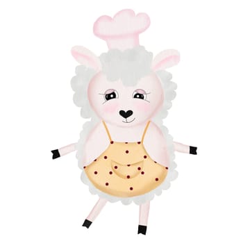 Watercolor drawing of a cute baker sheep on a white background. Adorable lamb pastry chef in a cap. For designing cards and invitations. High quality photo
