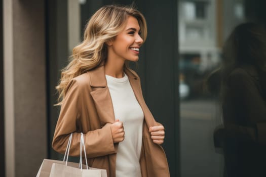 Beautiful fashion woman with shopping bags outdoors. AI Generated . High quality illustration