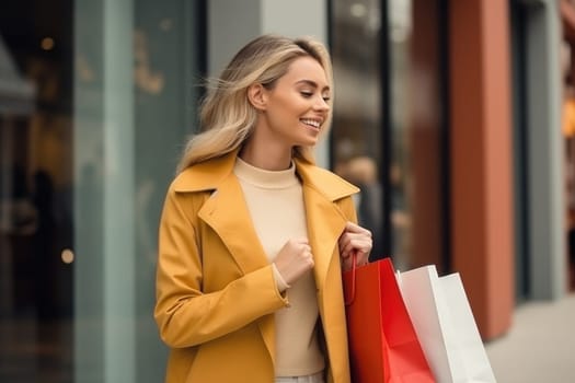 Beautiful fashion woman with shopping bags outdoors. AI Generated . High quality illustration