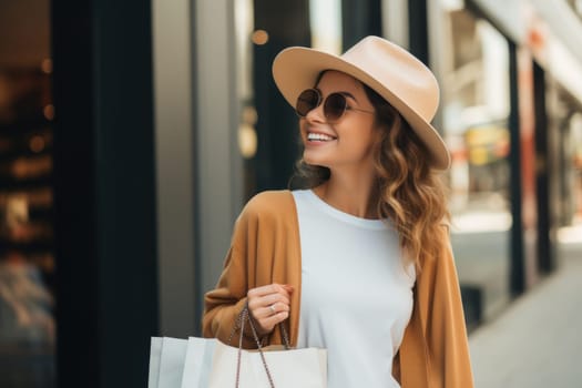 Beautiful fashion woman with shopping bags outdoors. AI Generated . High quality illustration