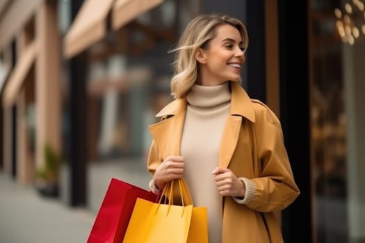 Beautiful fashion woman with shopping bags outdoors. AI Generated . High quality illustration