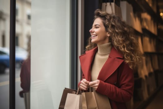 Beautiful fashion woman with shopping bags outdoors. AI Generated . High quality illustration
