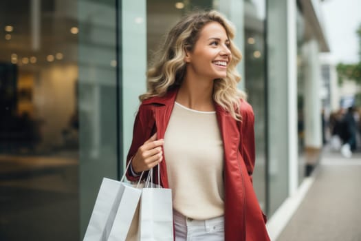 Beautiful fashion woman with shopping bags outdoors. AI Generated . High quality illustration