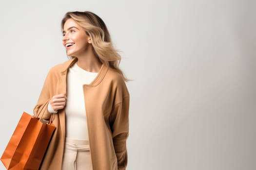 Beautiful fashion woman with shopping bags outdoors. AI Generated . High quality illustration